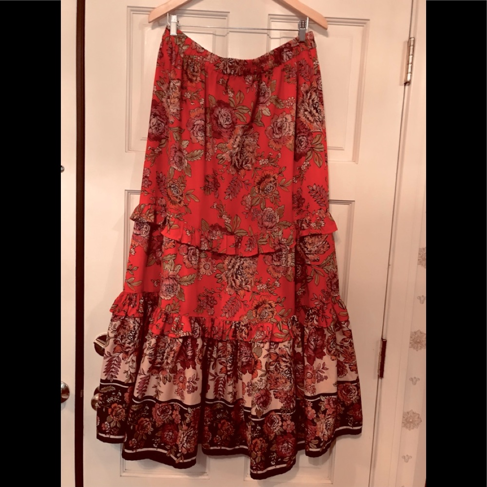 Ladies Plus Size, 1 X, long skirt, coral, purple and red